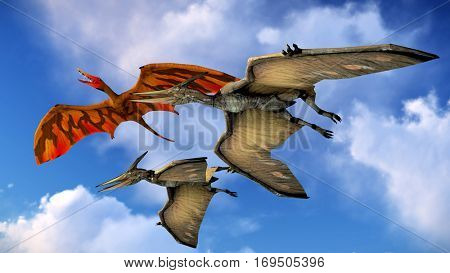 Flying pterodactyl against the beautiful cloudscape 3d illustration