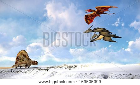 Flying pterodactyl against the beautiful cloudscape 3d illustration