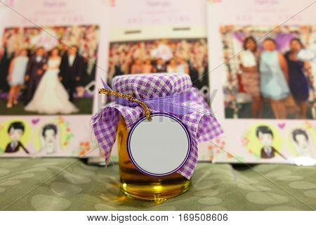 Honey jar with blank tag in the front wedding souvenir