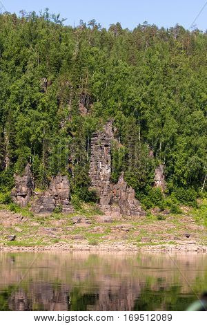 Fantastical cliffs. Around only rocks and water. Krasnoyarsk territory