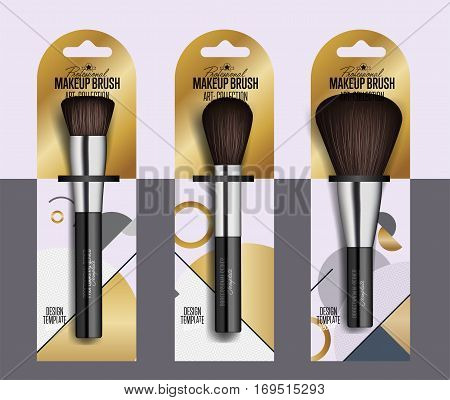Realistic makeup brush set isolated vector illustration. Facial cosmetic 3D object collection. Fashion and beauty professional makeup artist brush in package, decorative cosmetic concealer powder tool
