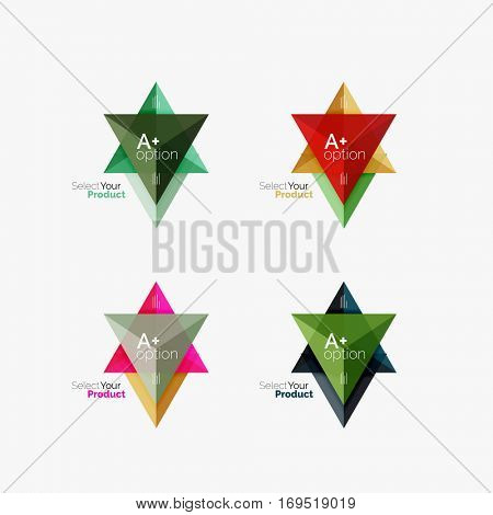 Set of triangle option infographic layouts. Select your product concept, make a choice idea