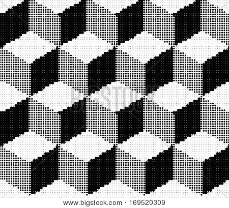 Vector illustration with four halftone patterns. Isometric Cubes Engraving Seamless Texture. Black Strokes Background. Vector Illustration.