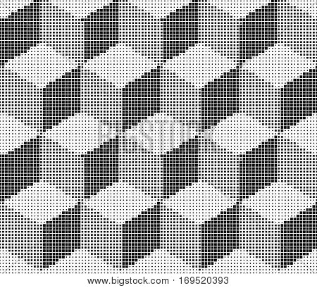 Vector illustration with four halftone patterns. Isometric Cubes Engraving Seamless Texture. Black Strokes Background. Vector Illustration.