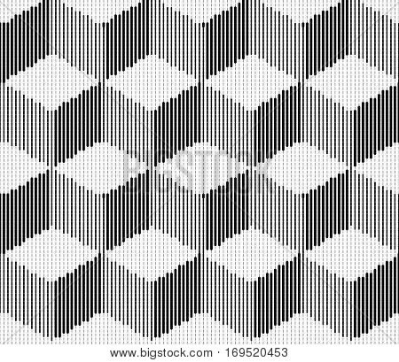 Vector illustration with four halftone patterns. Isometric Cubes Engraving Seamless Texture. Black Strokes Background. Vector Illustration.