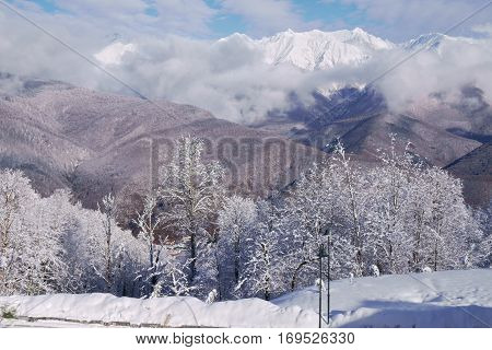 North slope Aibga Ridge of Western Caucasus at ski resort Gorky Gorod