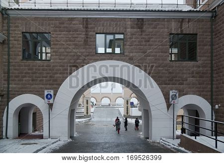Sochi, Russia - January 21, 2017: Upper Gorky Gorod - all-season resort town 960 meters above sea level in the village of Krasnaya Polyana
