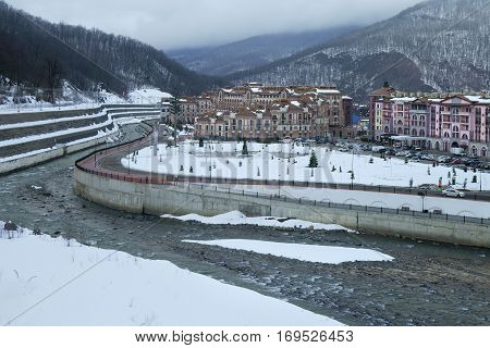 Sochi, Russia - January 24, 2017: Gorky Gorod - all-season resort town and gaming zone 540 meters above sea level in the village of Krasnaya Polyana