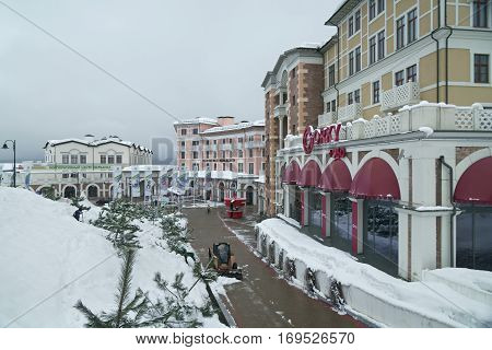 Sochi, Russia - January 21, 2017: Upper Gorky Gorod - all-season resort town 960 meters above sea level in the village of Krasnaya Polyana