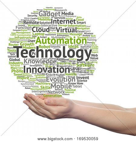Concept or conceptual digital smart technology, media word cloud in hand isolated on background metaphor to information, innovation, internet, future, development, research, evolution or intelligence