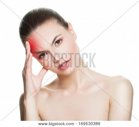 Young Woman with an Headache. Woman Puts Hands on the Head Isolated on White