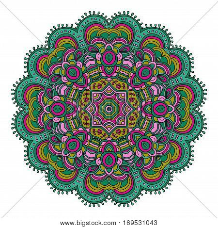 Round symmetrical pattern in green and pink colors. Mandala. Kaleidoscopic design. Sacred geometry. Zentagle. Zendala.