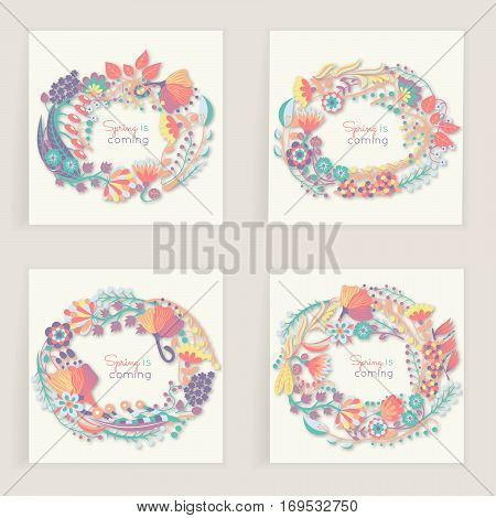 Four square cards. Hand drawn creative flower. Colorful artistic background with blossom. Abstract herb. It can be used for invitation thank you message postcard. Vector illustration eps10