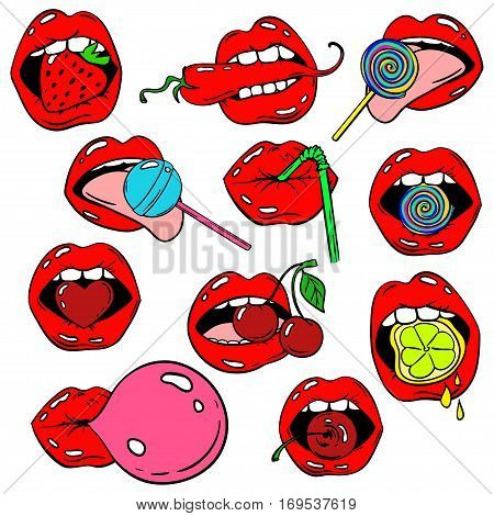 Funny set of female lips stickers icons emoji pins or patches in cartoon 80s-90s pop comic style. Woman's mouth with strawberry cherry pepper lemon bubble gum candy lollipop and cocktail straw.