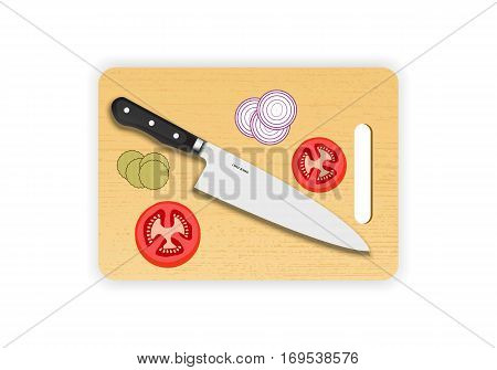 Wooden chopping or cutting board with chef knife on white background. Vector illustration