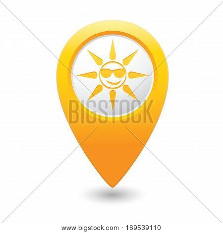 Sun in sung-lasses icon on map pointer, vector illustration