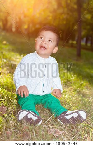 A small asian child plays in the Park sitting on the grass posing smiling