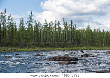 Beautiful rapids on the river. Eastern Siberia. Krasnoyarsk territory