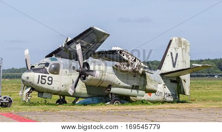 Lelystad the Netherlands - June 9 2016; Old Grumman S-2A Tracker waiting to be restored at Lelystad Airfield the Netherlands on June 9 2016.