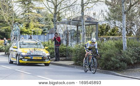 Conflans-Sainte-HonorineFrance-March 62016: The German cyclist Paul Martens of Lotto NL-Jumbo Team riding during the prologue stage of Paris-Nice 2016.