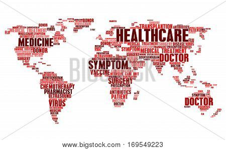 Medical and health cloud tags words in world map. Word cloudtags concept of healthcare, doctor treatment, patient disease symptom diagnosis, surgery transplantation, x-ray radiogram and virus flu antibiotics vaccine, ultrasound and drug prescription