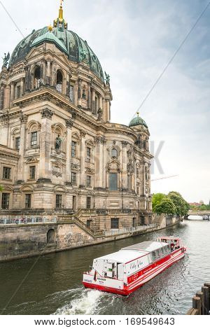 BERLIN, GERMANY- May 18, 2016: Traditional old Berlin Cathedral. Beautiful street view of Berliner Dom in Berlin on May 18, 2016. BERLIN, Germany.