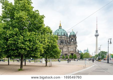 BERLIN, GERMANY- May 18, 2016: Traditional old Berlin Cathedral. Beautiful street view of Berliner Dom in Berlin on May 18, 2016. BERLIN, Germany.