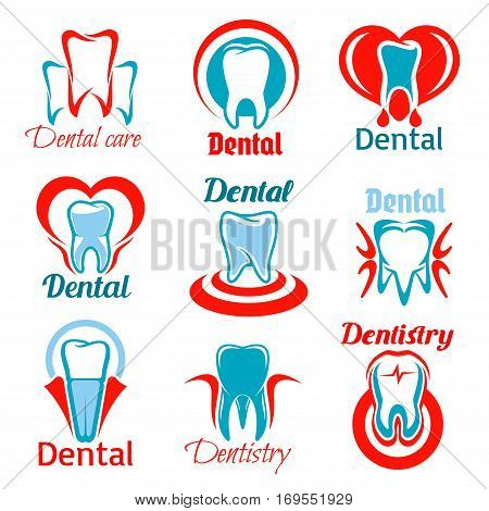 Dentistry emblems set of tooth, stomatology and dentist office icons. Vector isolated teeth symbols for stomatologist clinic, dental care clinic. Signs of healthy tooth and gum with heart for odontology, tooth paste or mouthwash design