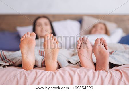 Almost twinning. Two pretty joyful emotional women posing with their toes while lying in bed and enjoying their weekend together