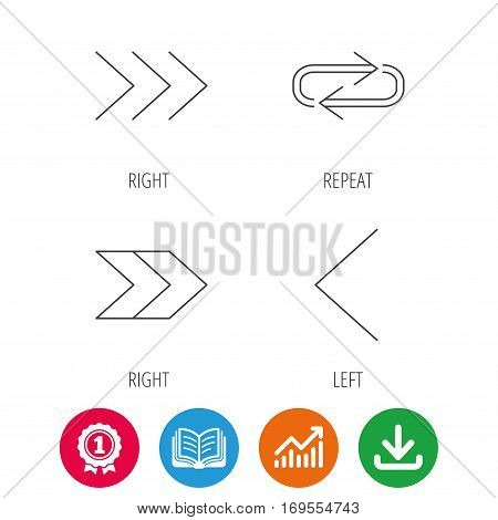 Arrows icons. Right direction, repeat linear signs. Next, back arrows flat line icons. Award medal, growth chart and opened book web icons. Download arrow. Vector