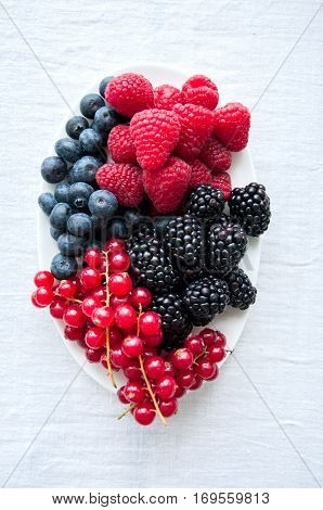 Mix Of Fresh Berries. Raspberry, Red Currant, Blackberries, Bluberries.