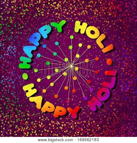 Happy Holi card. Vector abstract banner with rainbow words and round decorative elements on violet background.