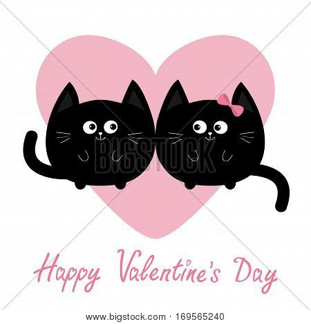 Black round Cat couple family icon. Pink heart. Cute funny cartoon character. Happy Valentines day Greeting card. Kitty Whisker Baby pet collection background. Isolated. Flat design. Vector