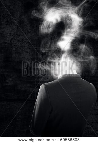 Back view of man with smoke shaped as question mark instead of head. Dark background. FAQ concept