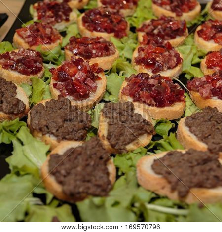Crunchy Bread Slices With Cooked Minced Meat And Tomato Cubes, Green Salad For Decoration