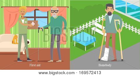 First aid of medical workers for oldsters. Young doctor with medicine chest helps man. Man walks with broken leg in park. Health care, medical care concept. Vector illustration poster for hospitals websites