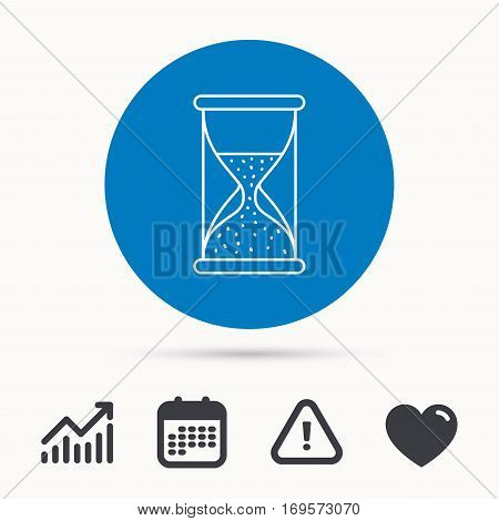 Hourglass icon. Sand time sign. Half an hour symbol. Calendar, attention sign and growth chart. Button with web icon. Vector