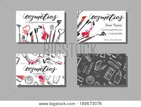 Makeup artist business card. Vector template with makeup items pattern - brush pencil eyeshadow lipstick and mascara. Fashion and beauty background. Template Vector.