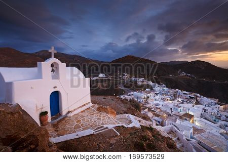 Small traditional church over Chora village on Anafi island.