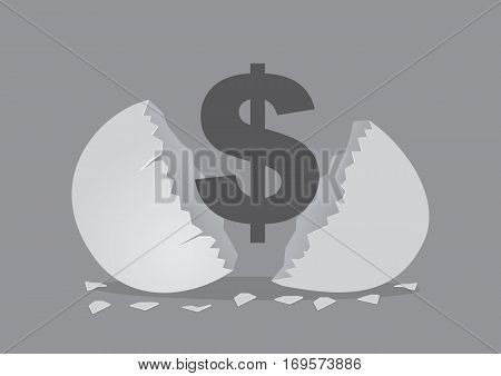 Money sign inside a cracked open egg shell. Creative cartoon vector illustration for concept on money for nest egg isolated on grey background