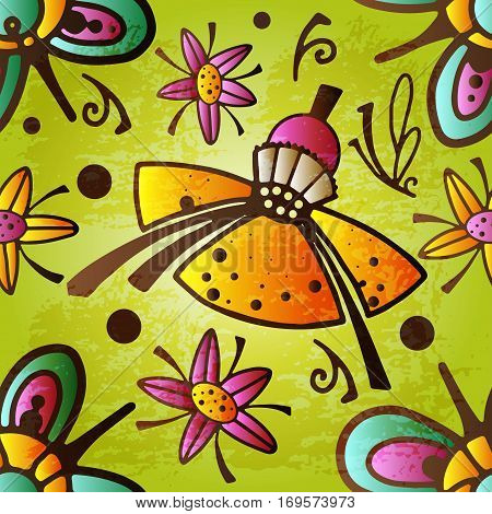 Colorful Enchanted Vintage Flowers seamless pattern vector. Magic forest wonderland background.