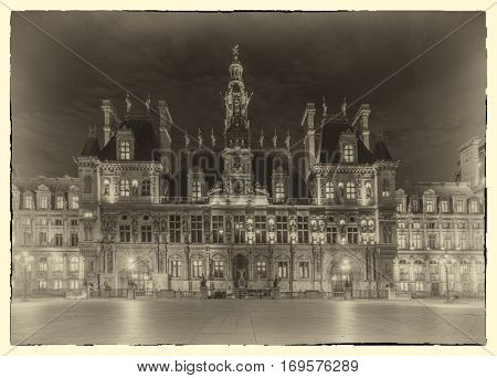 A post card from Paris -  view of Hotel de Ville (City Hall) in Paris, France - Intentional noise