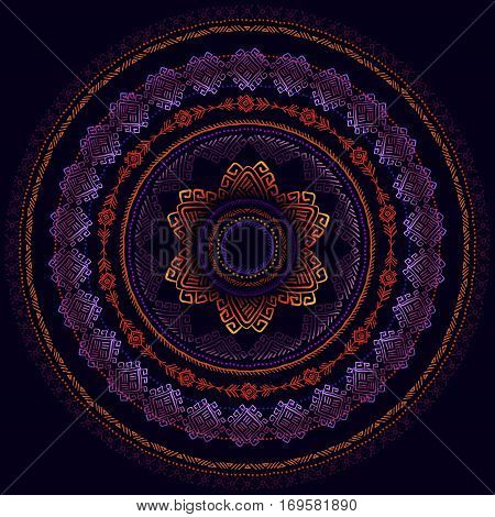 Sunny circle tribal ornament frame and black background. Night sky tribal concept. Geometric ethnic colorful tribal design. Vector illustration stock vector.