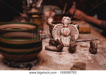 Creative studio potter, Handmade objects on a wooden table