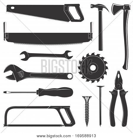 Set of tools for wood, metal and other construction work isolated on white background. Vintage illustration