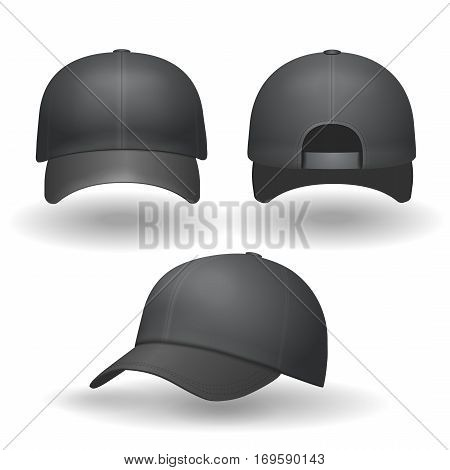 Set of realistic black baseball caps isolated on white background. illustration.