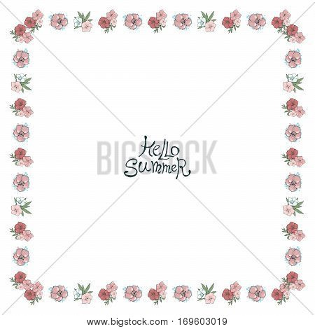 Vector floral frame with pink flowers. Nature square hand drawn border on white background.
