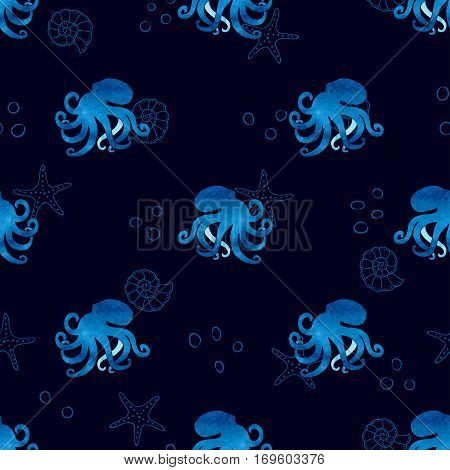 Blue seamless pattern with octopus. Vector marine background.