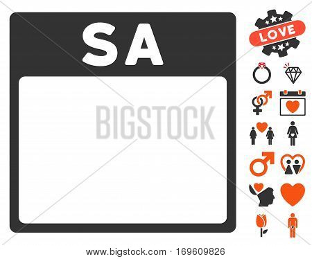 Saturday Calendar Page icon with bonus romantic icon set. Vector illustration style is flat iconic elements for web design app user interfaces.