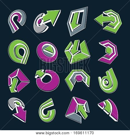 Dimensional vector green and purple app buttons. Collection of arrows direction icons and different business corporate graphic symbols.